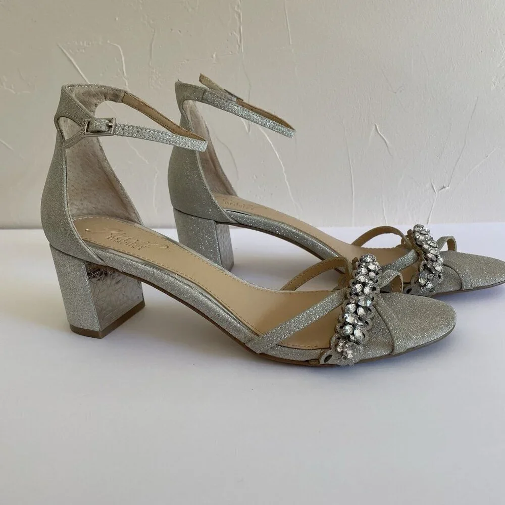Badgley Mischka Silver Sparkle and Crystals Rhinestone Sandals Block Heels US 8